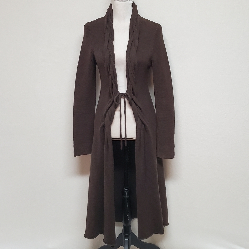 Rare Vintage 90s Max Studio Chocolate Brown Braided Detail Maxi Duster Cardigan - Picture 4 of 14